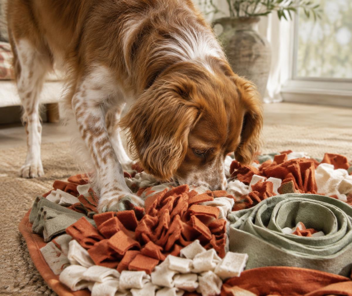 Chien explorant le tapis de fouille Mâtin
